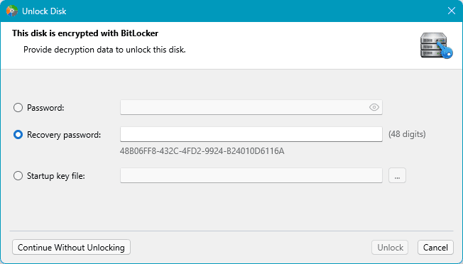 Provide a password or the 48-digit recovery key Provide a password or the 48-digit recovery key