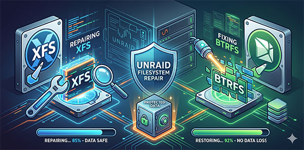 Как безопасно восстановить повреждённые файловые системы XFS и BTRFS в Unraid без риска потери данных Как безопасно восстановить повреждённые файловые системы XFS и BTRFS в Unraid без риска потери данных